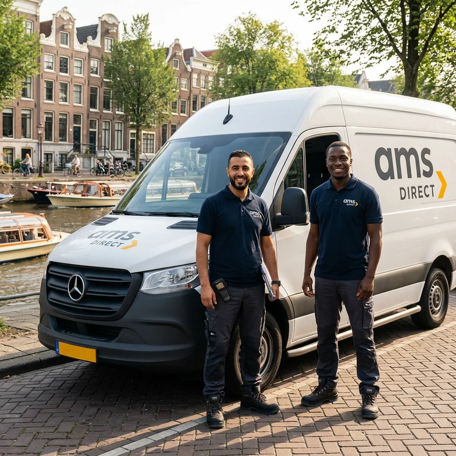 AMS Direct team koeriers naast bestelbus op Amsterdamse gracht