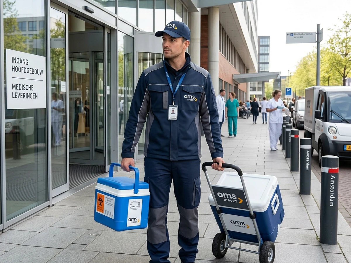 AMS Direct medische koerier met koelboxen bij ziekenhuis Amsterdam