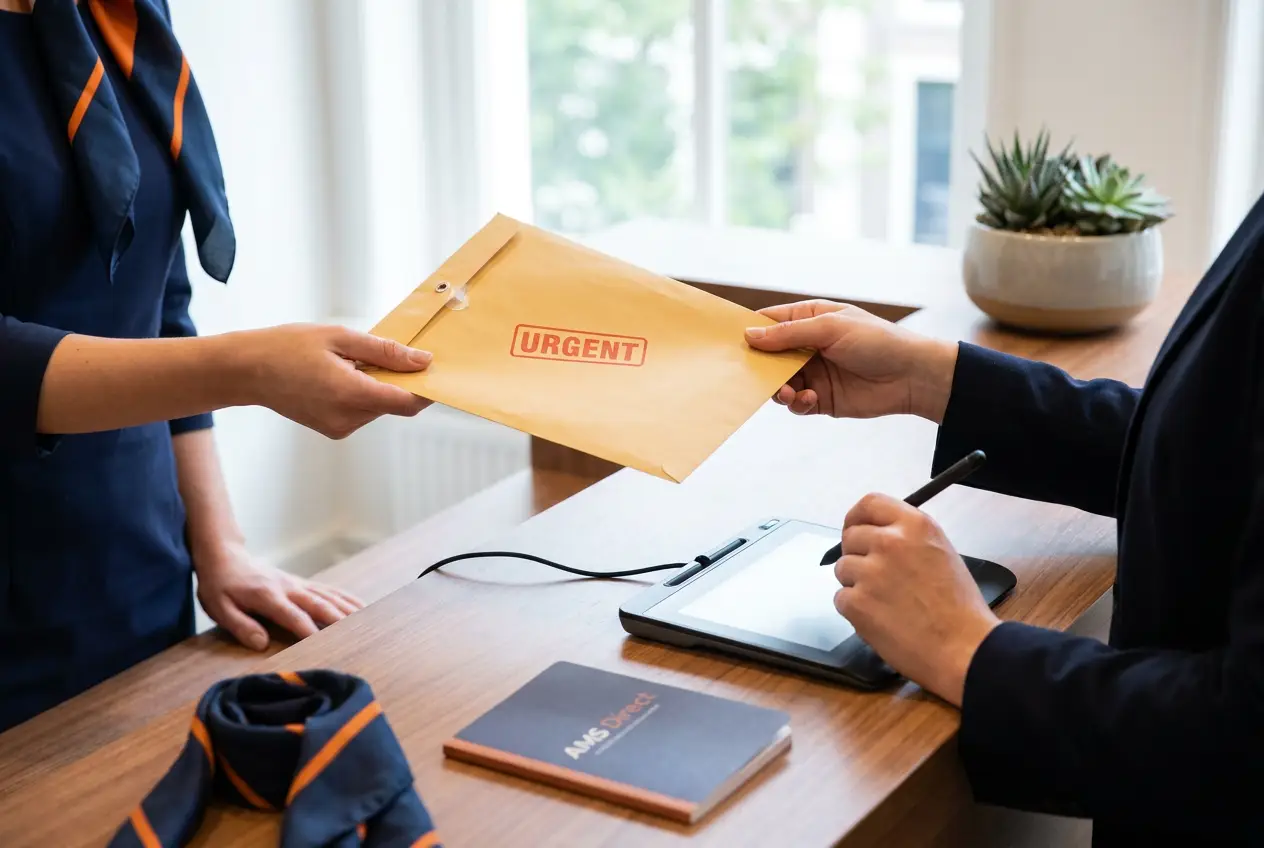 AMS Direct koerier overhandigt urgent spoeddocument met handtekening op signature pad in Amsterdam kantoor