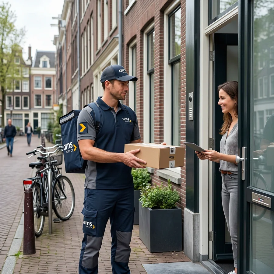 AMS Direct koerier levert pakket af aan deur in Amsterdam straat